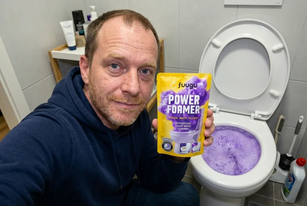 Andreas K. mit Fuugu und schäumender Toilette